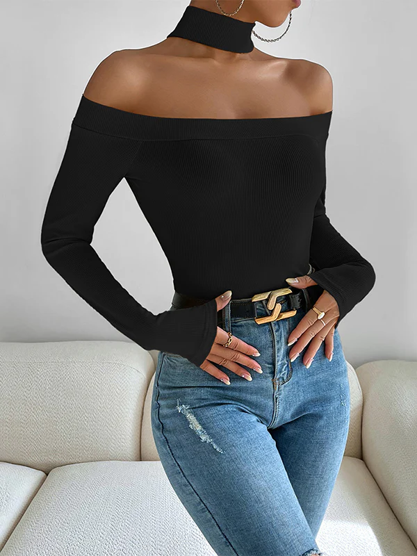 Long Sleeves Skinny Solid Color Off-The-Shoulder T-Shirts Tops - Image 4