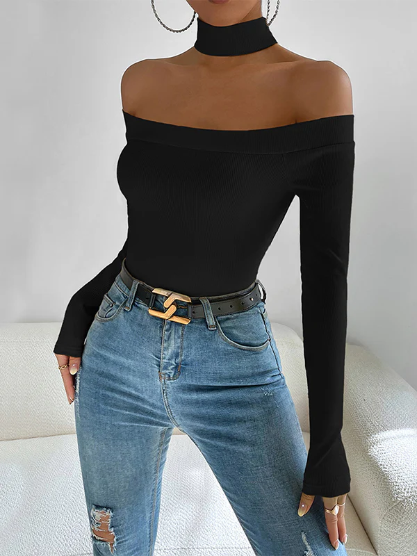 Long Sleeves Skinny Solid Color Off-The-Shoulder T-Shirts Tops - Image 5
