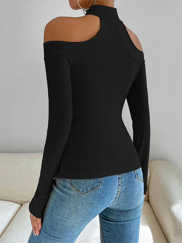 Long Sleeves Skinny Solid Color Off-The-Shoulder T-Shirts Tops - Image 6