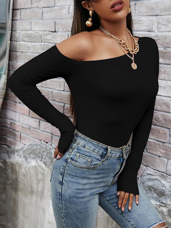 Long Sleeves Skinny Solid Color One-Shoulder T-Shirts Tops - Image 2