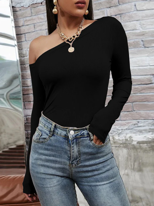 Long Sleeves Skinny Solid Color One-Shoulder T-Shirts Tops - Image 3