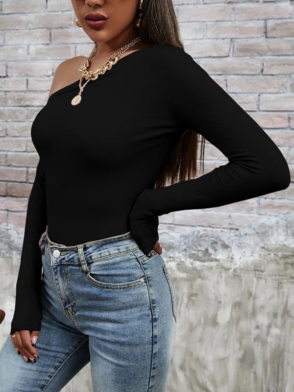 Long Sleeves Skinny Solid Color One-Shoulder T-Shirts Tops - Image 4