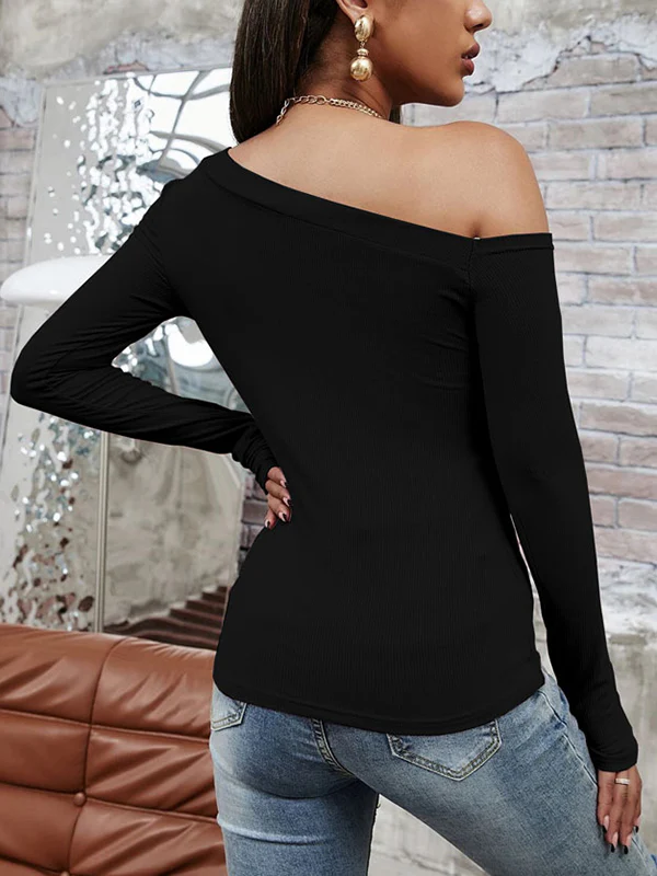Long Sleeves Skinny Solid Color One-Shoulder T-Shirts Tops - Image 5
