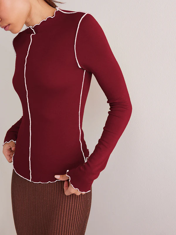 Long Sleeves Skinny Solid Color Round-Neck T-Shirts - Image 14