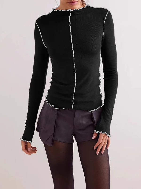 Long Sleeves Skinny Solid Color Round-Neck T-Shirts - Image 4