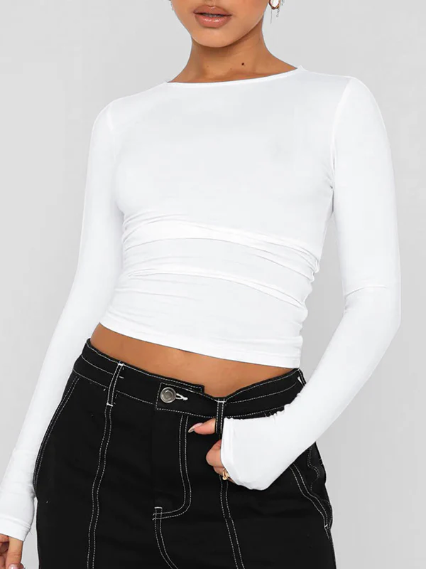 Long Sleeves Skinny Solid Color Round-Neck T-Shirts - Image 5