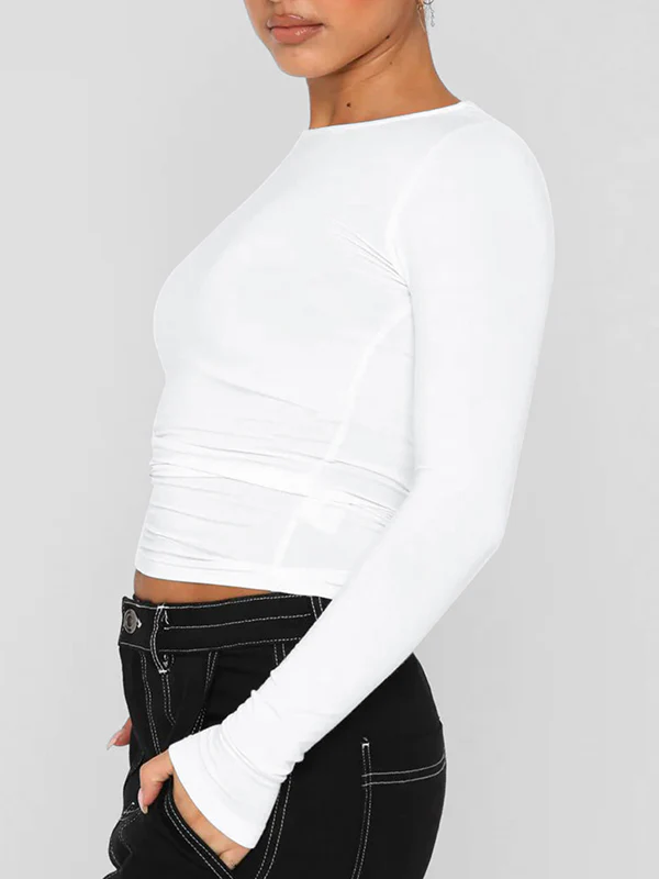 Long Sleeves Skinny Solid Color Round-Neck T-Shirts - Image 6