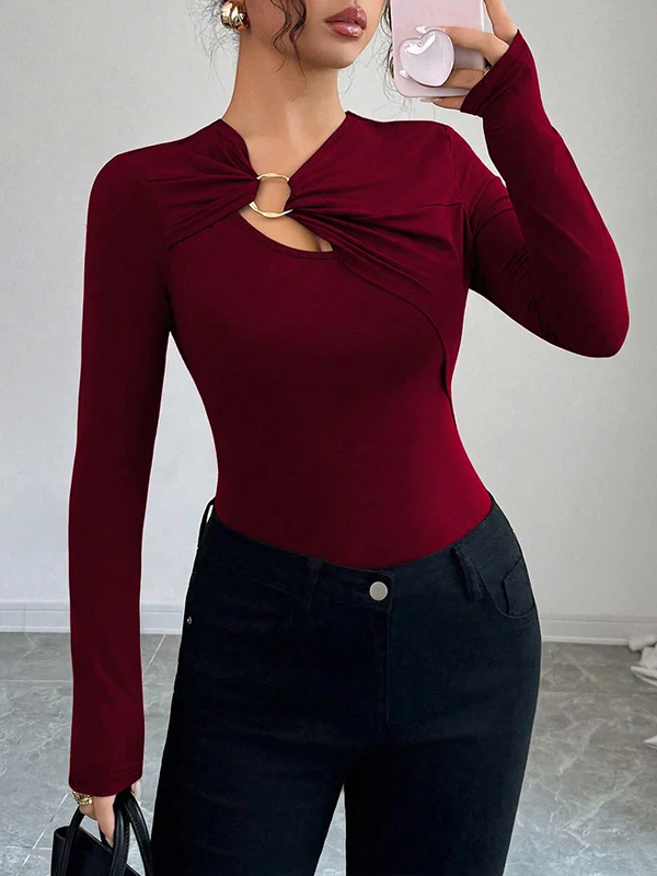 Long Sleeves Skinny Solid Color Split-Joint Asymmetric Collar T-Shirts - Image 10