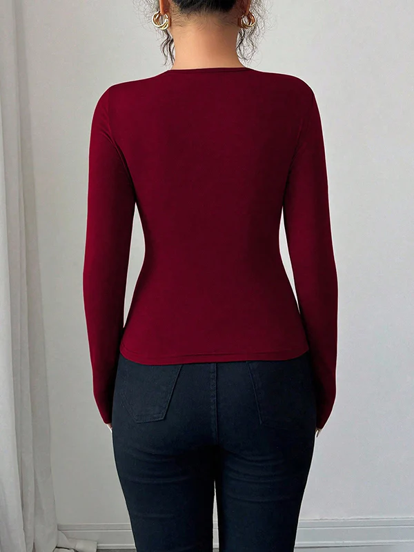 Long Sleeves Skinny Solid Color Split-Joint Asymmetric Collar T-Shirts - Image 11