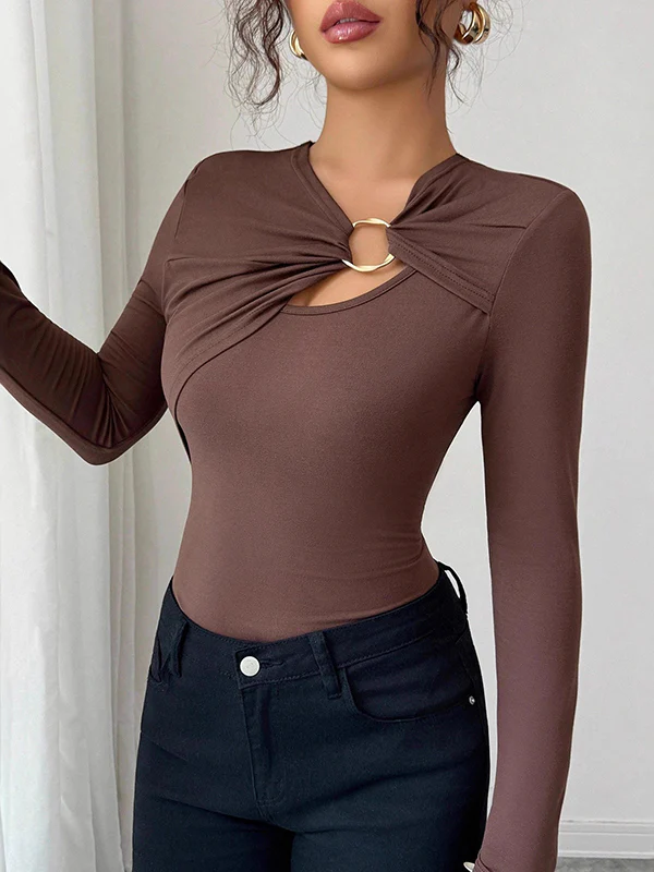Long Sleeves Skinny Solid Color Split-Joint Asymmetric Collar T-Shirts - Image 13