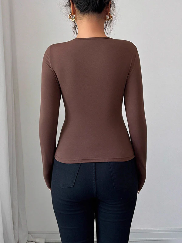 Long Sleeves Skinny Solid Color Split-Joint Asymmetric Collar T-Shirts - Image 15