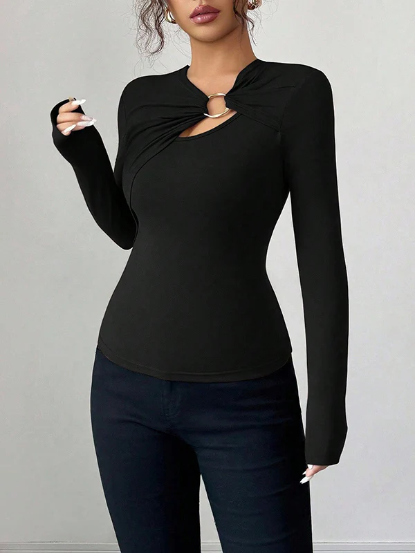 Long Sleeves Skinny Solid Color Split-Joint Asymmetric Collar T-Shirts - Image 16