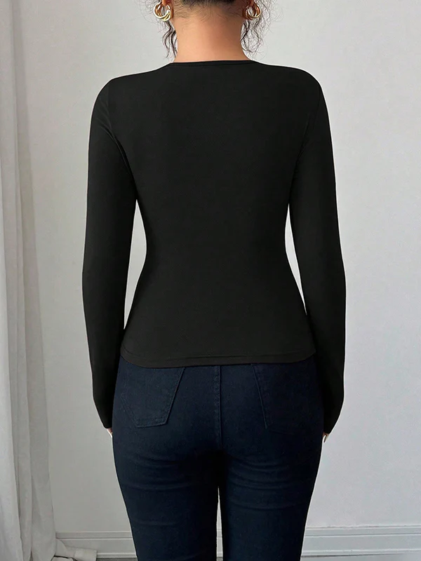 Long Sleeves Skinny Solid Color Split-Joint Asymmetric Collar T-Shirts - Image 18