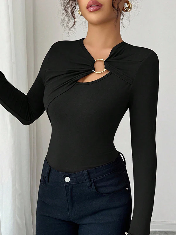 Long Sleeves Skinny Solid Color Split-Joint Asymmetric Collar T-Shirts - Image 2