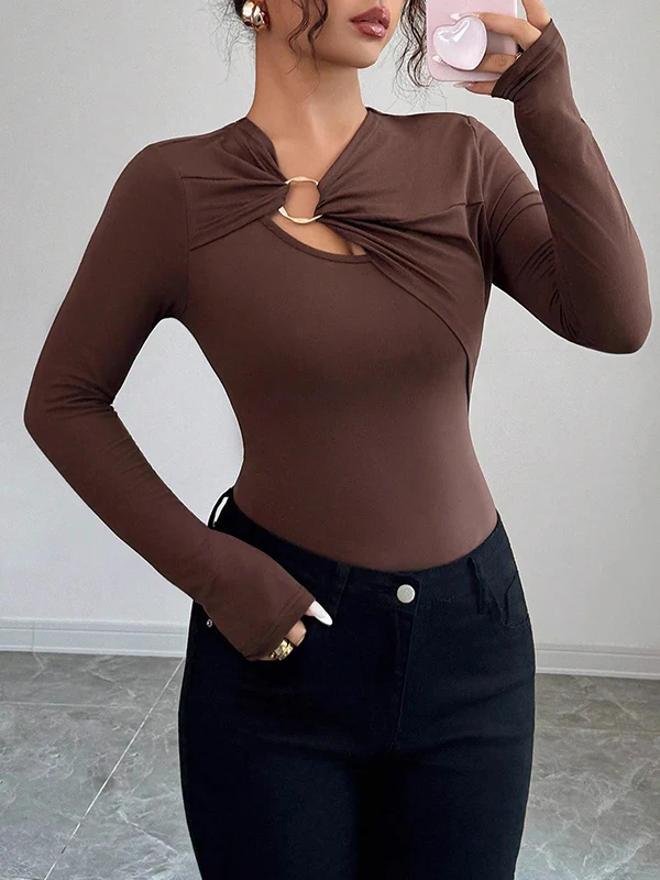 Long Sleeves Skinny Solid Color Split-Joint Asymmetric Collar T-Shirts - Image 3