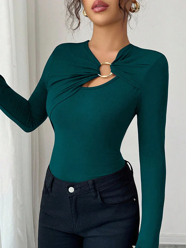 Long Sleeves Skinny Solid Color Split-Joint Asymmetric Collar T-Shirts - Image 4