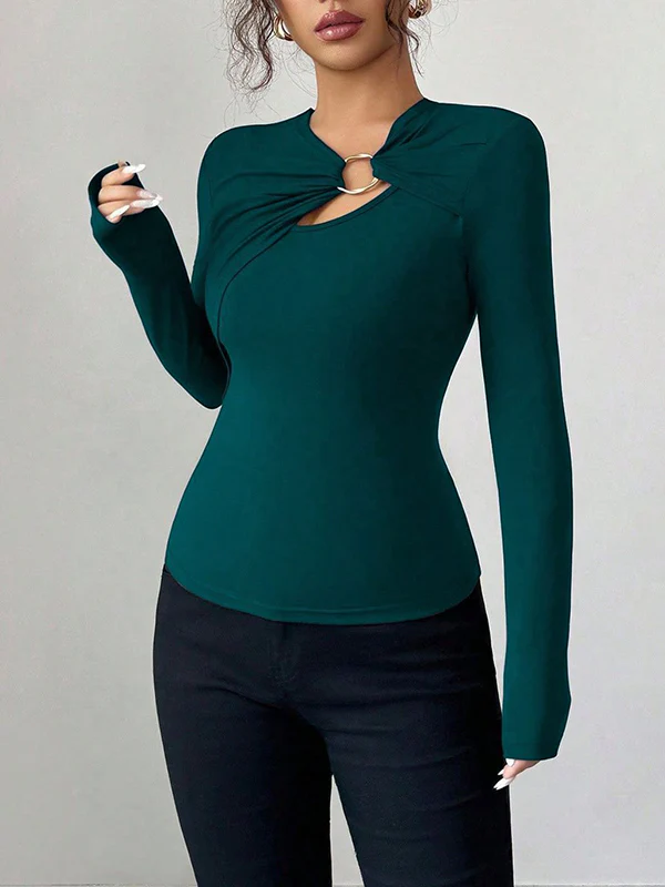 Long Sleeves Skinny Solid Color Split-Joint Asymmetric Collar T-Shirts - Image 5