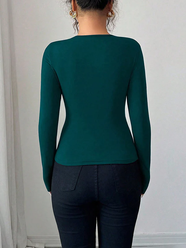 Long Sleeves Skinny Solid Color Split-Joint Asymmetric Collar T-Shirts - Image 6