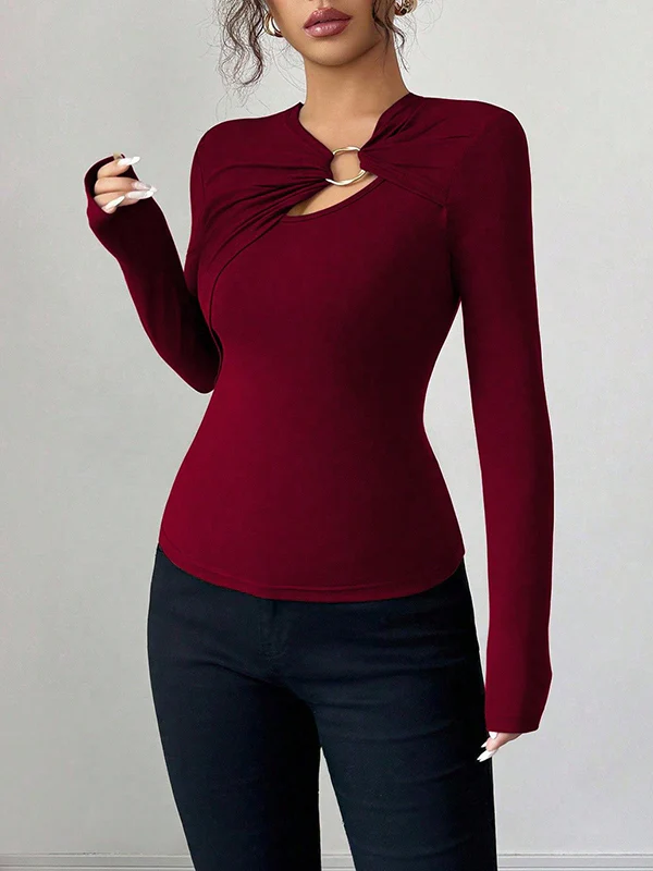 Long Sleeves Skinny Solid Color Split-Joint Asymmetric Collar T-Shirts - Image 8
