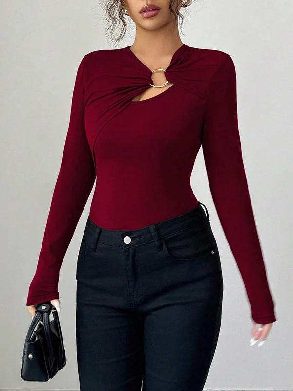 Long Sleeves Skinny Solid Color Split-Joint Asymmetric Collar T-Shirts - Image 9