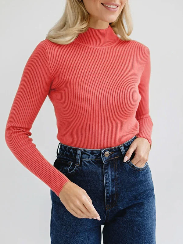 Long Sleeves Skinny Solid Color Split-Joint High Neck Sweater Tops - Image 10