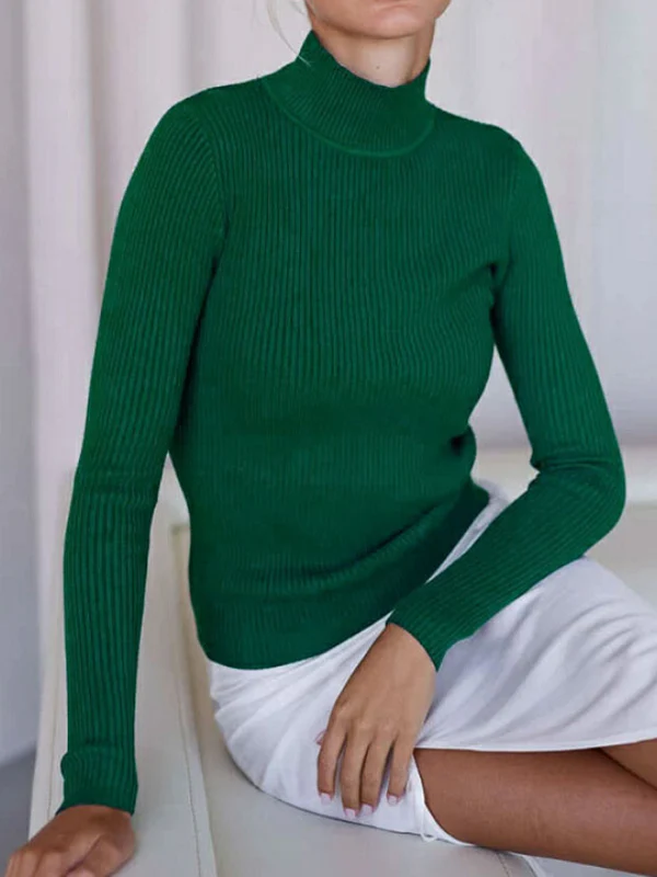 Long Sleeves Skinny Solid Color Split-Joint High Neck Sweater Tops - Image 12