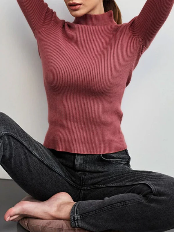 Long Sleeves Skinny Solid Color Split-Joint High Neck Sweater Tops - Image 14