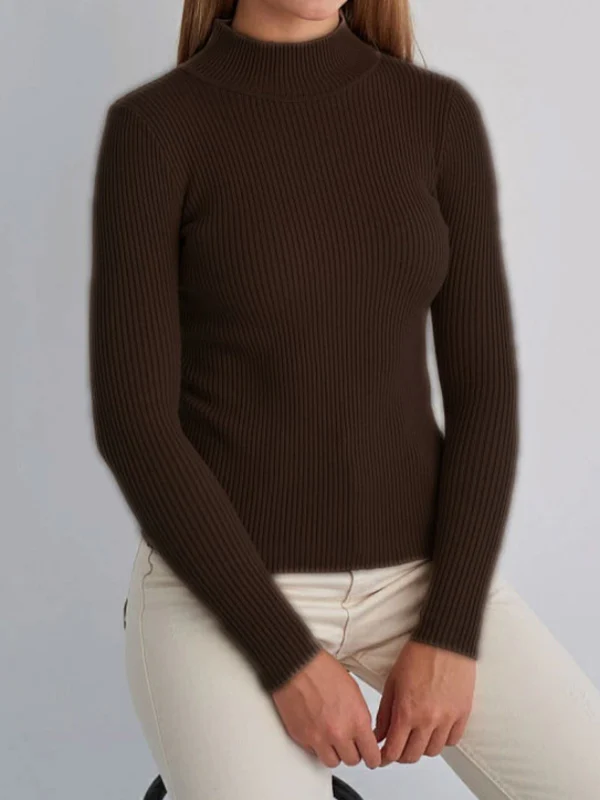 Long Sleeves Skinny Solid Color Split-Joint High Neck Sweater Tops - Image 15