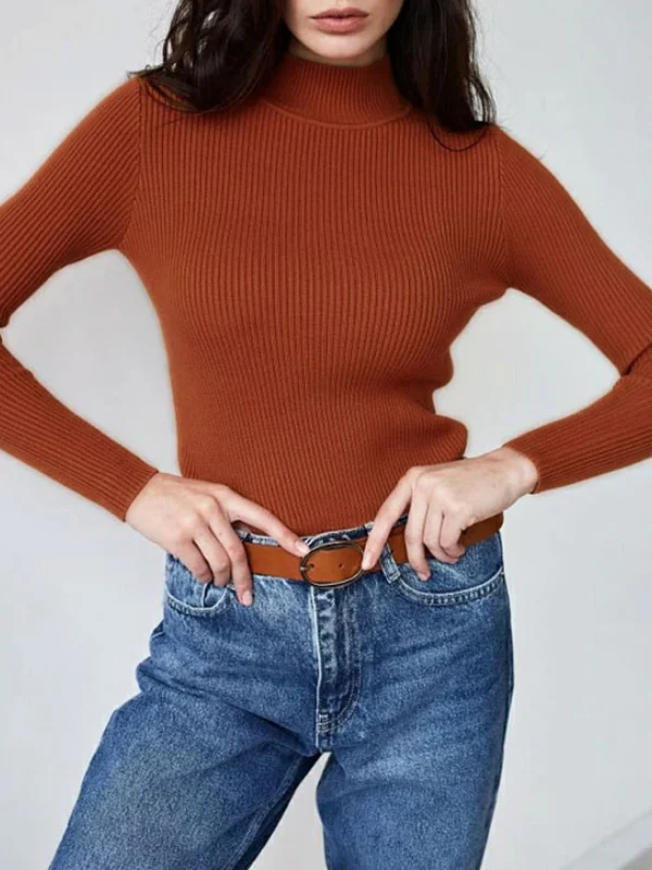 Long Sleeves Skinny Solid Color Split-Joint High Neck Sweater Tops - Image 16