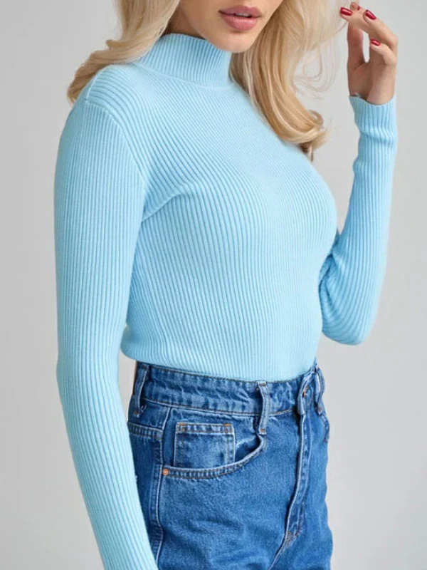 Long Sleeves Skinny Solid Color Split-Joint High Neck Sweater Tops - Image 18