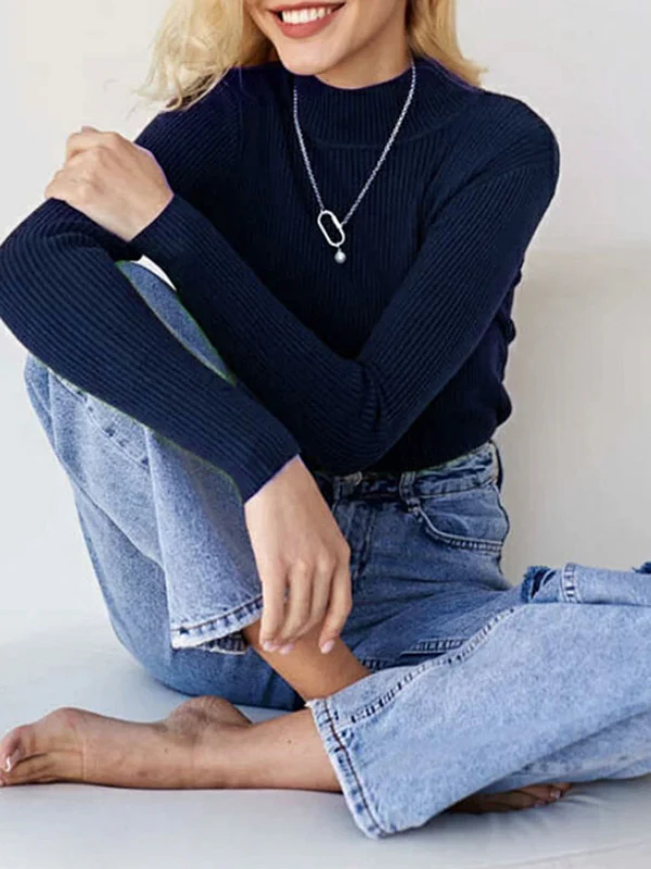 Long Sleeves Skinny Solid Color Split-Joint High Neck Sweater Tops - Image 2