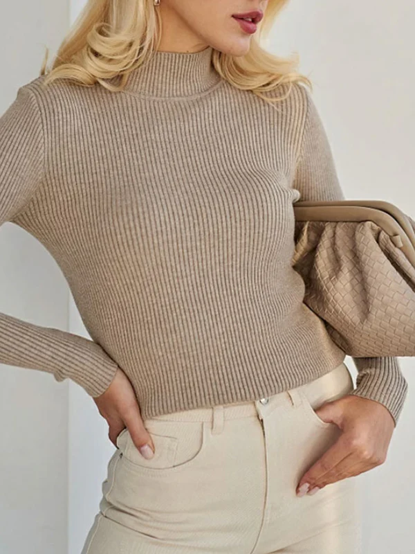 Long Sleeves Skinny Solid Color Split-Joint High Neck Sweater Tops - Image 20