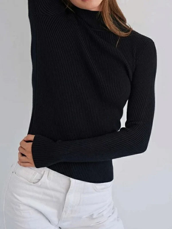 Long Sleeves Skinny Solid Color Split-Joint High Neck Sweater Tops - Image 23