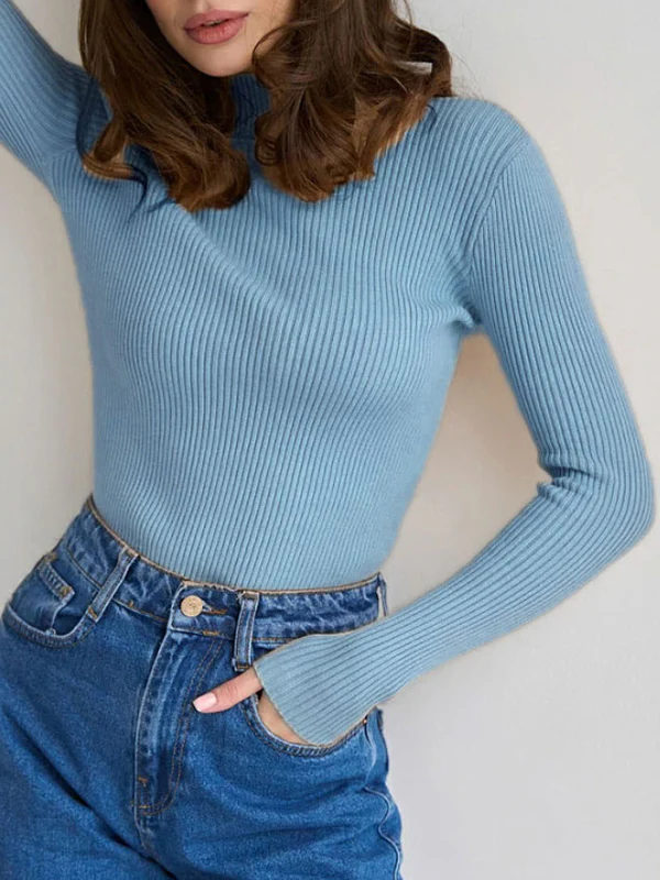 Long Sleeves Skinny Solid Color Split-Joint High Neck Sweater Tops - Image 24
