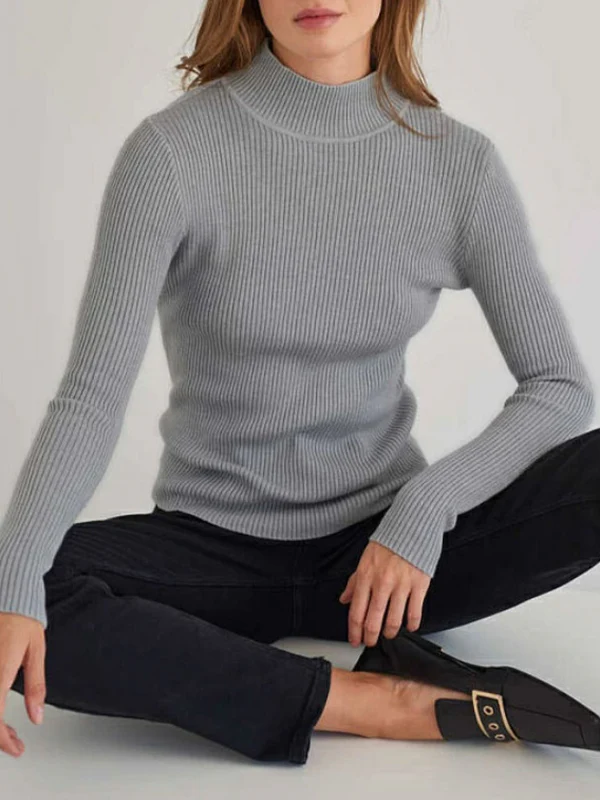 Long Sleeves Skinny Solid Color Split-Joint High Neck Sweater Tops - Image 25