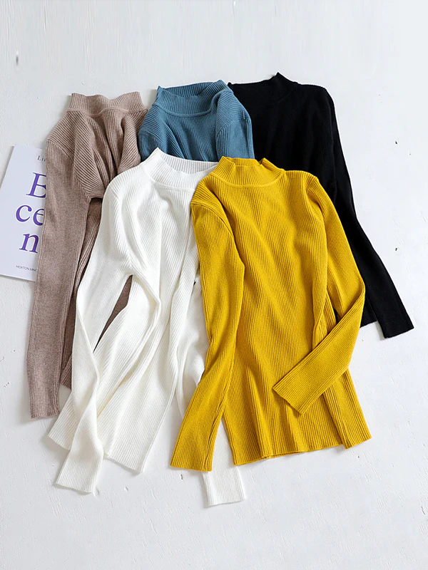 Long Sleeves Skinny Solid Color Split-Joint High Neck Sweater Tops - Image 26
