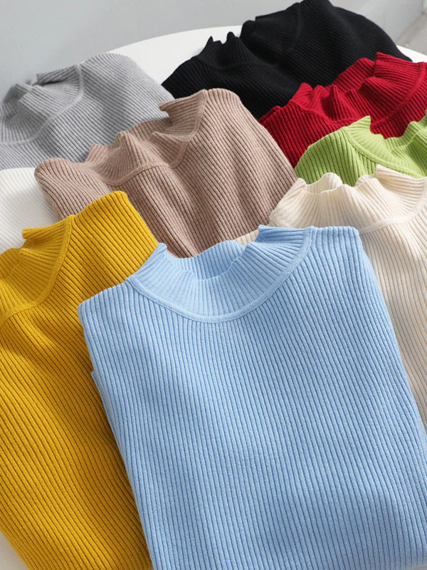 Long Sleeves Skinny Solid Color Split-Joint High Neck Sweater Tops - Image 27