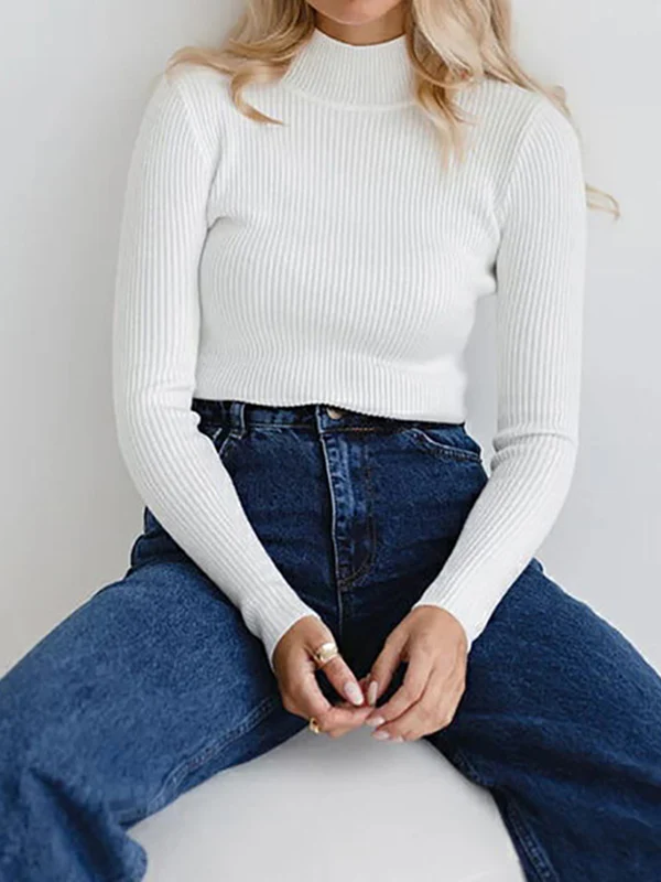 Long Sleeves Skinny Solid Color Split-Joint High Neck Sweater Tops - Image 3