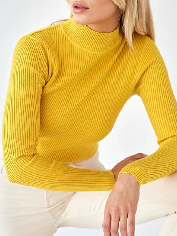 Long Sleeves Skinny Solid Color Split-Joint High Neck Sweater Tops - Image 5
