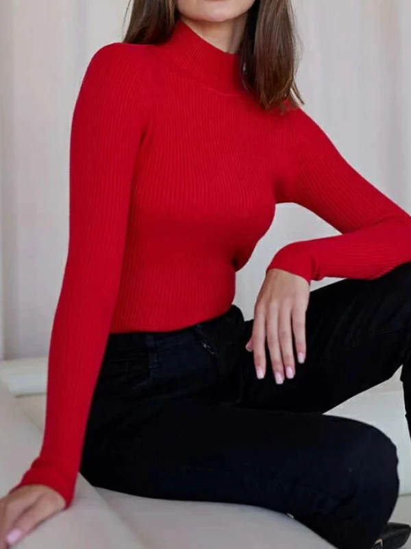 Long Sleeves Skinny Solid Color Split-Joint High Neck Sweater Tops - Image 6