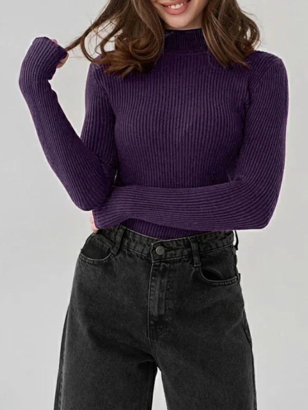 Long Sleeves Skinny Solid Color Split-Joint High Neck Sweater Tops - Image 7