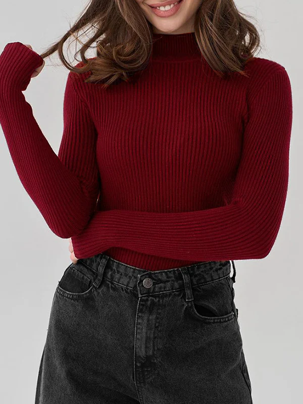 Long Sleeves Skinny Solid Color Split-Joint High Neck Sweater Tops - Image 8
