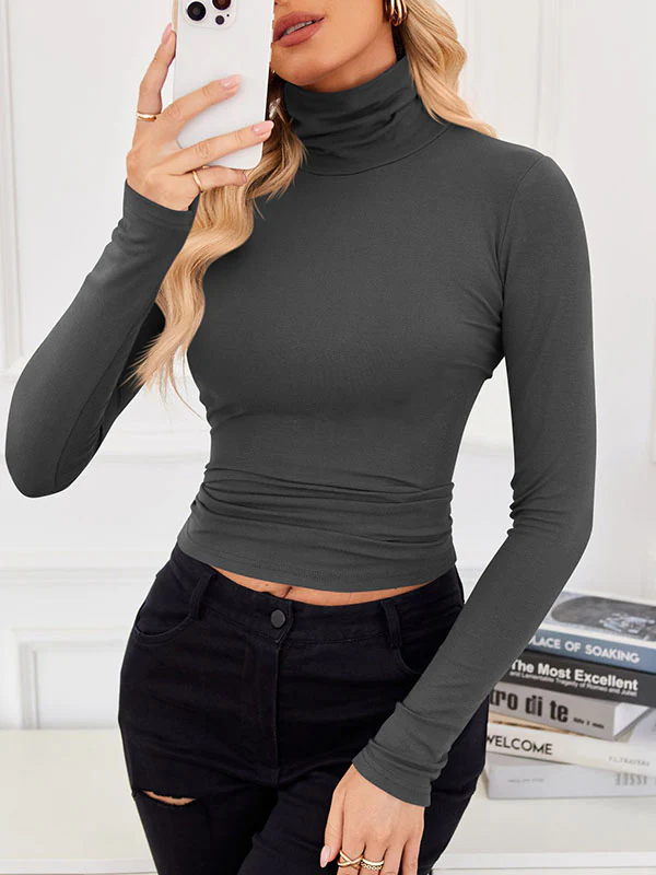 Long Sleeves Skinny Solid Color Split-Joint High Neck T-Shirts - Image 15