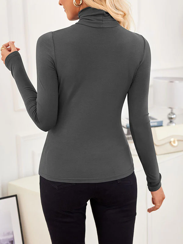 Long Sleeves Skinny Solid Color Split-Joint High Neck T-Shirts - Image 16