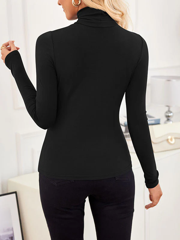Long Sleeves Skinny Solid Color Split-Joint High Neck T-Shirts - Image 4