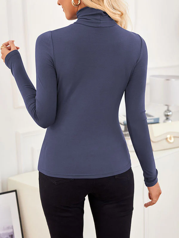 Long Sleeves Skinny Solid Color Split-Joint High Neck T-Shirts - Image 5