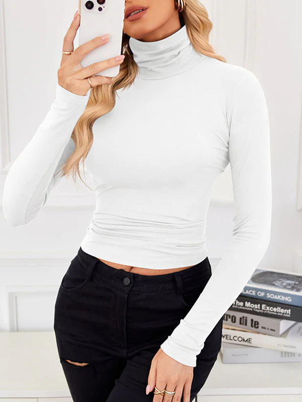 Long Sleeves Skinny Solid Color Split-Joint High Neck T-Shirts - Image 8