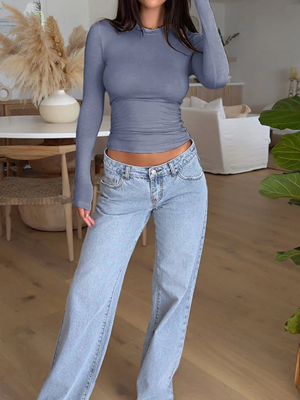 Long Sleeves Skinny Solid Color Split-Joint Round-Neck T-Shirts Tops - Image 9