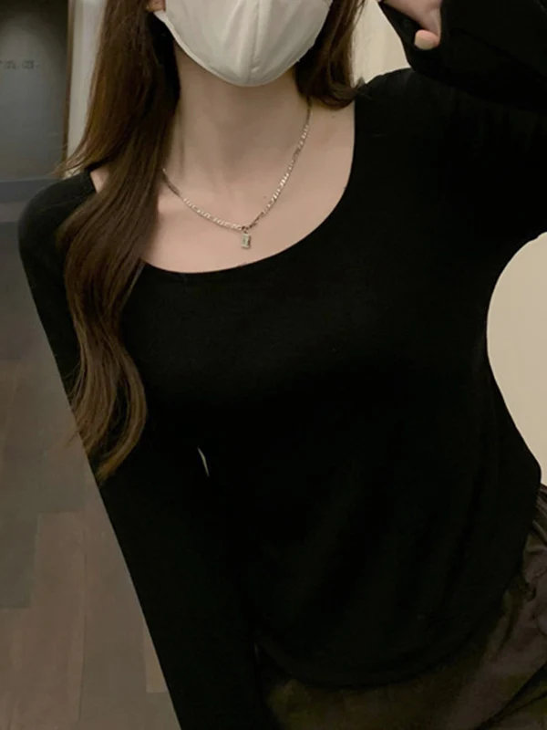 Long Sleeves Skinny Solid Color Square-Neck T-Shirts Tops - Image 10