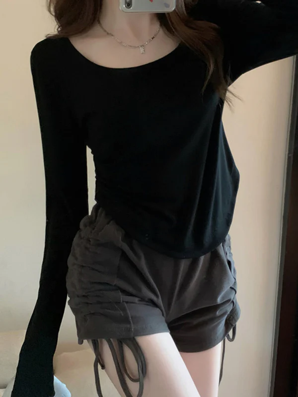Long Sleeves Skinny Solid Color Square-Neck T-Shirts Tops - Image 11